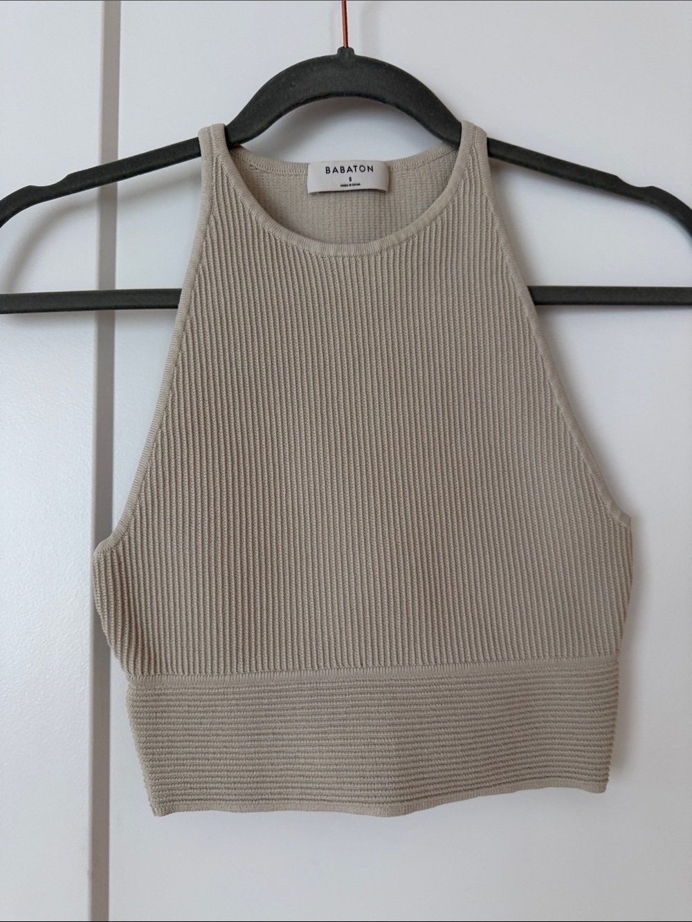Babaton Ribbed Halter Crop Tank — Beige